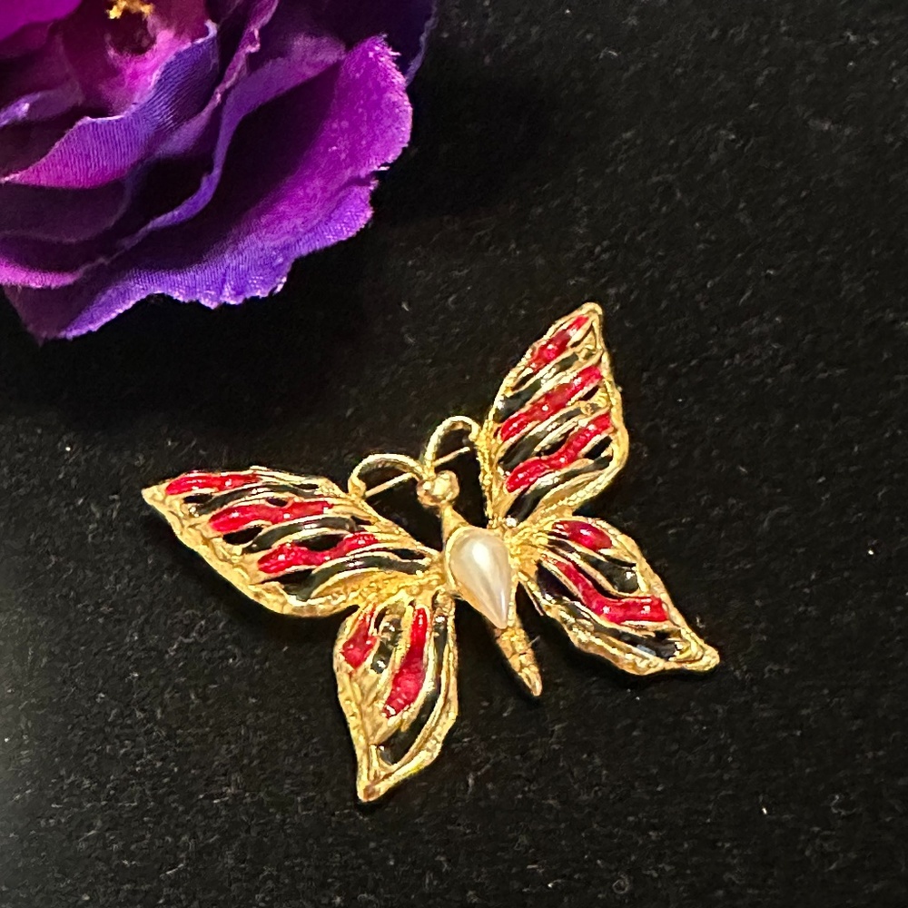 Vintage Gold-tone Butterfly Brooch with Black and Red Enamel and Faux Pearl